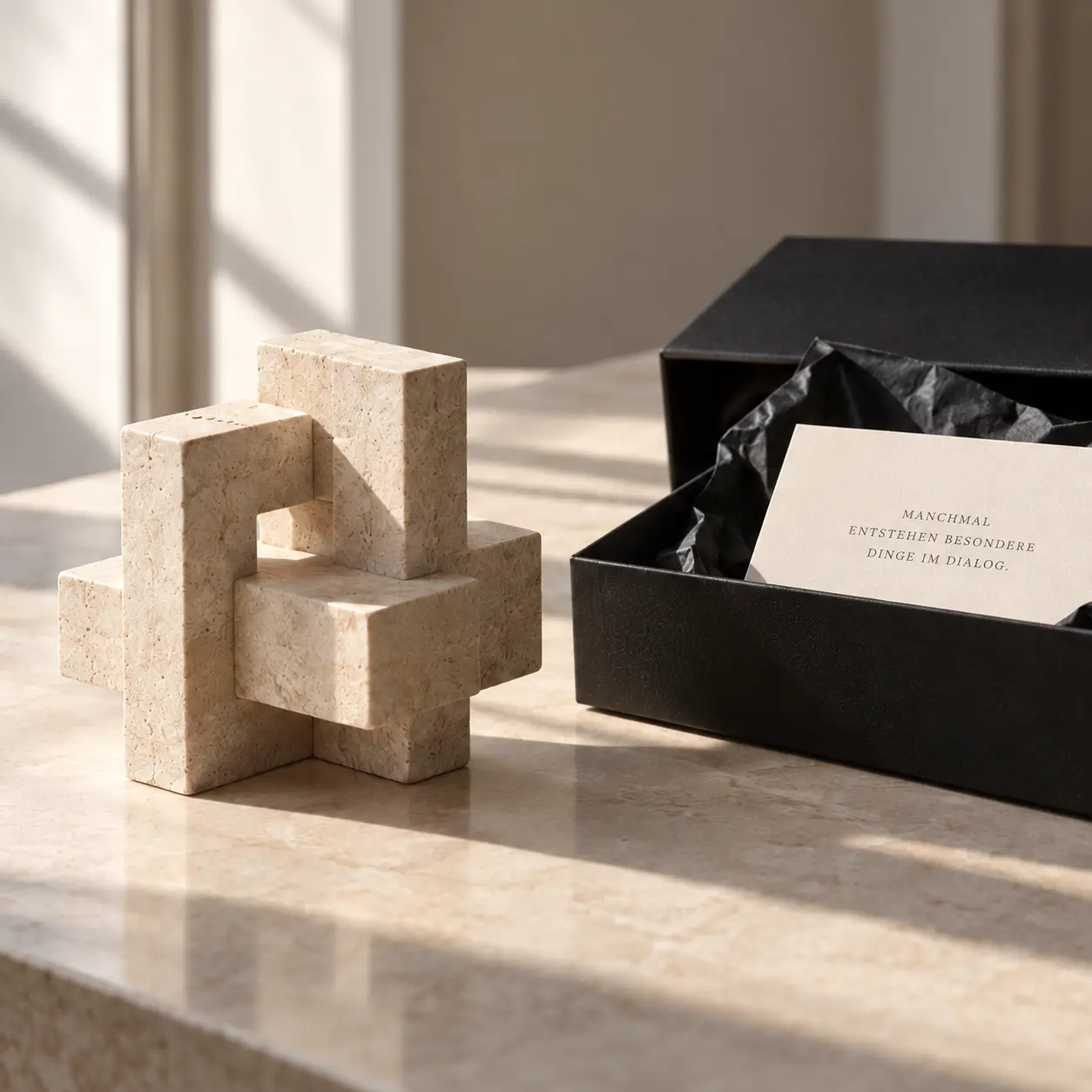 Skulpturales Steinobjekt neben einer schwarzen Geschenkbox mit persönlicher Karte.